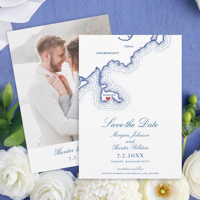 Nahant MA Map Elegant Navy Blue Wedding Save The Date (Nahant MA Map Save the Date for an Elegant Navy Blue North Shore Wedding  by Coastal Map Designs)
