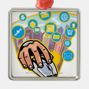 Nahaufnahme der Hand auf Computermaus Silbernes Ornament