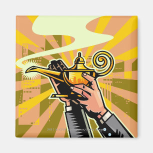 Nahaufnahme des Geschäftsmannes magische Lampe Magnet