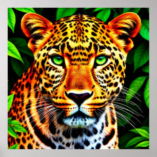 Nahaufnahme Jaguar Leopardengesicht mit grünen Aug Poster
