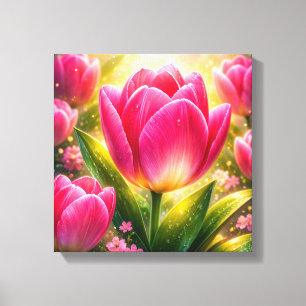 Nahaufnahme rosa Tulpen mit Tau und Sonnenlichtgla Leinwanddruck