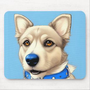 Nahaufnahmeporträt eines Hundes mit blauem Halsban Mousepad