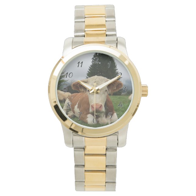 Nahe, braune und weiße Kuh Armbanduhr (Vorderseite)