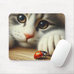 Nahe Katze mit einem Ladybug Mousepad