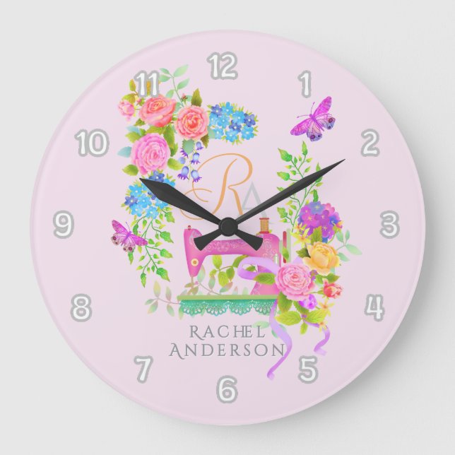 Nähen der Flachblanderimpfung Rosa Große Wanduhr (Vorderseite)