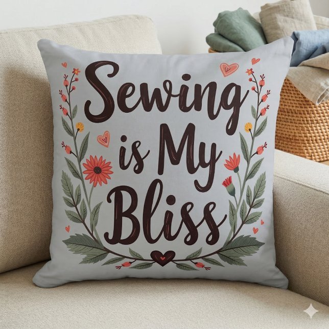 Nähen ist meine Bläschen-Typografie Kissen (Sewing Is My Bliss Floral Typography Throw Pillow Mockup A)