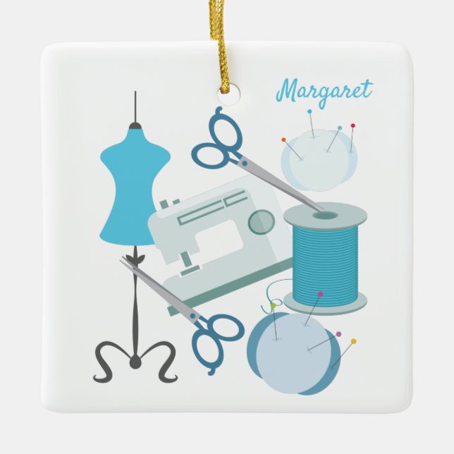 Nähen und Quilten Blau Keramikornament (Vorderseite)