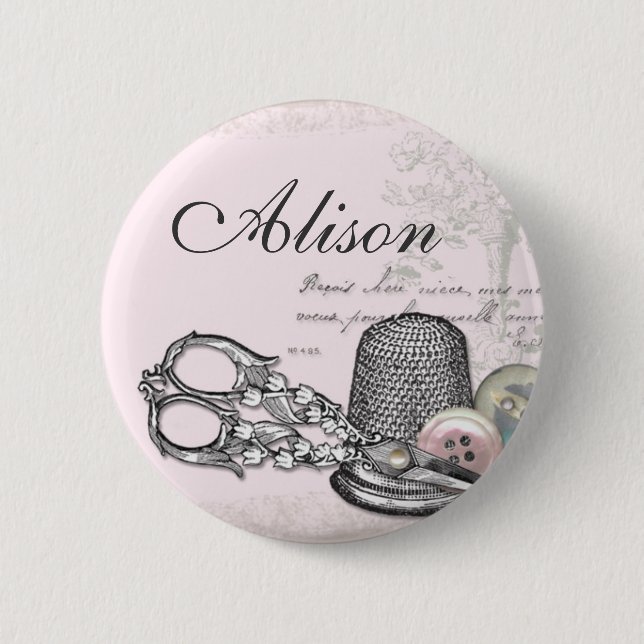 Nähende Begriffe auf rosa NamensAbzeichen Button (Vorderseite)