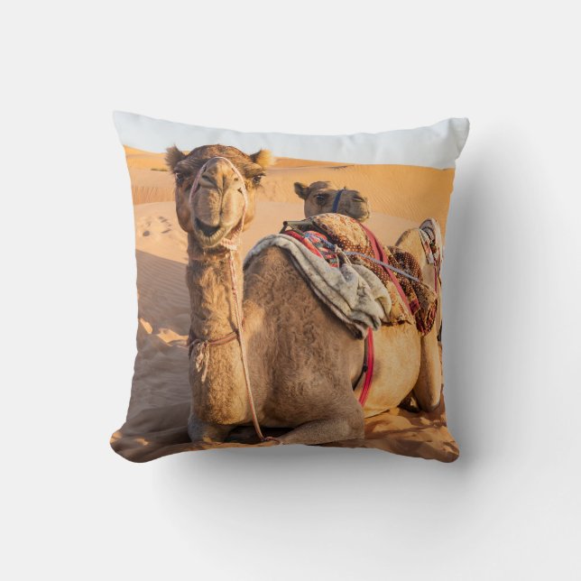 Naher Aufstieg auf Camel in der Oman-Wüste Kissen (Vorderseite)