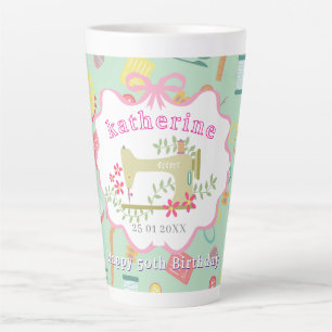 Näherin 50. Geburtstag Nähmaschine Türkis Rosa Milchtasse