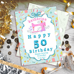 Näherin Geburtstag Nähmaschine Blau Postkarte
