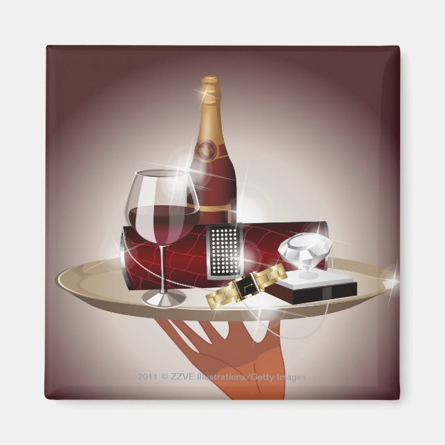 Nahes Aufziehen der Hand eines Kellners mit einem  Magnet (Vorne)