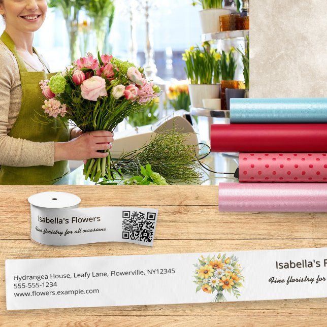 Nähmaschine QR Code Kleinunternehmen Sat Satinband (An elegant custom ribbon for florists, with flower bouquet picture, QR code and contact info)