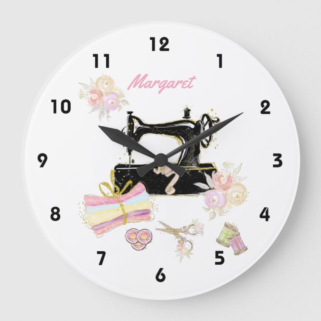 Nähmaschine und Gewebe Große Wanduhr (Vorderseite)
