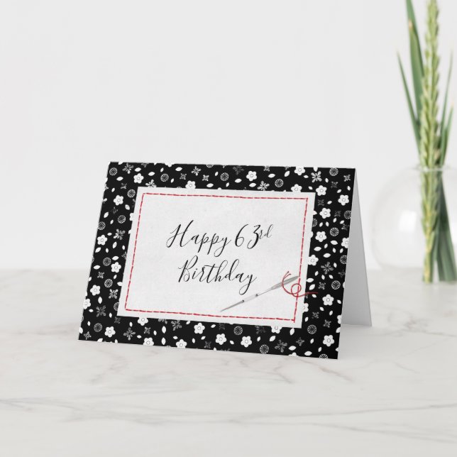 Nähnadel und Roter Thread 63. Geburtstag Karte (Vorderseite)