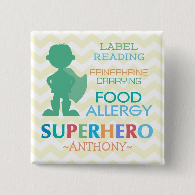 Nahrungsmittelallergie-Alarm Superhelden-Jungen-Kn Button (Vorderseite)