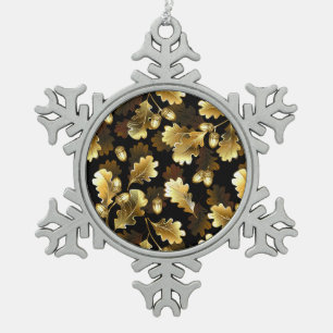 Nahtlos mit goldenen Eichenzweigen auf Schwarz Schneeflocken Zinn-Ornament