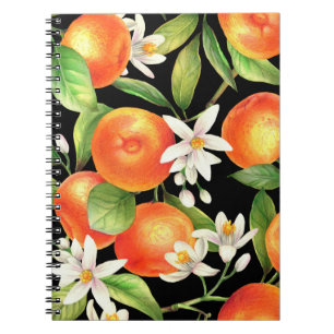 Nahtlos mit Orangenfrüchten, Blume und l Notizblock