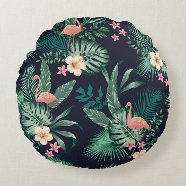  nahtlos tropisches Muster mit üppiger Blattlage,  Rundes Kissen (Vorderseite)