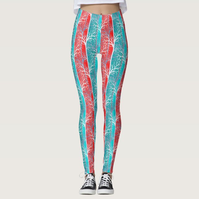 Nahtlose abstrakte Bäume Ast blauen Korallenrot Li Leggings (Vorderseite)