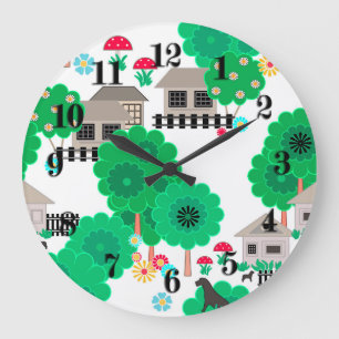 Nahtlose abstrakte Kinder Cartoons häuser Hunde B Große Wanduhr