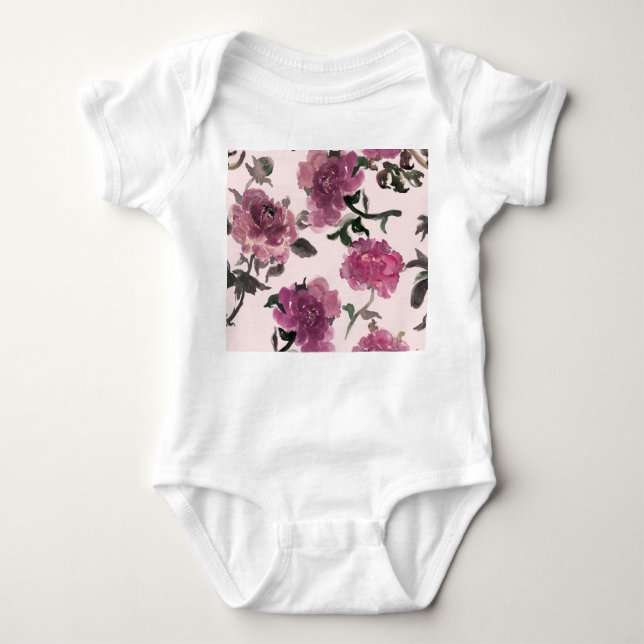 Nahtlose Aquarellfarben-Blume Illustrationsmuster Baby Strampler (Vorderseite)