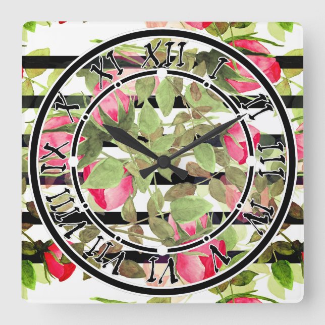 Nahtlose Aquarellfarben Blume Rosa Rosen Blumenrom Quadratische Wanduhr (Vorderseite)
