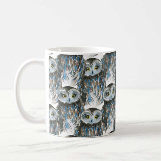 Nahtlose Aquarellmuster mit großer Eule Kaffeetasse (Links)