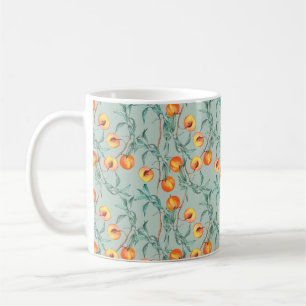 Nahtlose Aquarellmuster mit Pfirsichen und Verzwei Kaffeetasse