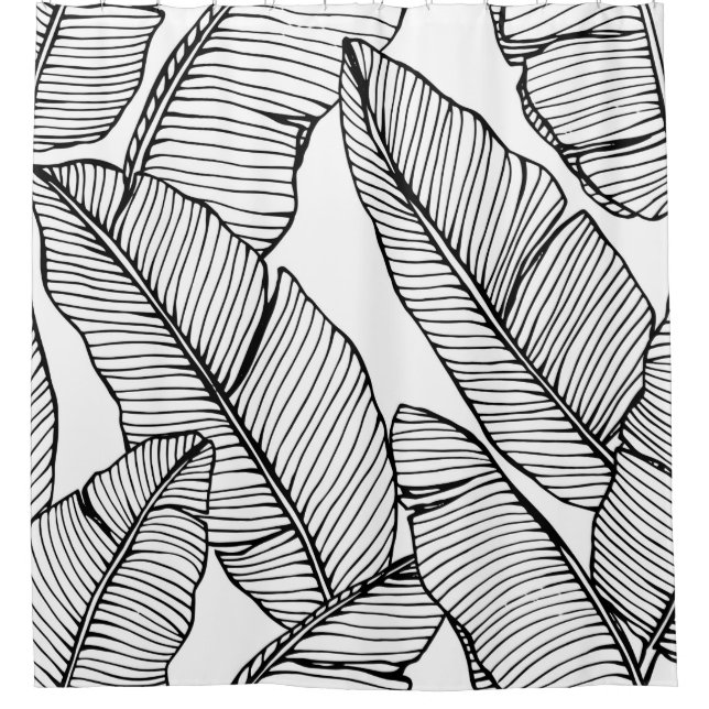 Nahtlose Bananenblattmuster im Hintergrund. Schwar Duschvorhang (Vorderseite)