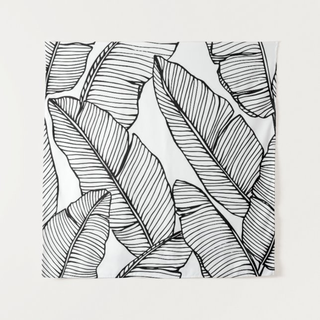 Nahtlose Bananenblattmuster im Hintergrund. Schwar Wandteppich (Vorderseite)