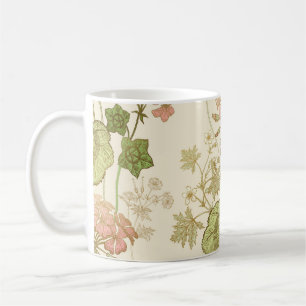 Nahtlose Blumenmuster. Grünes Blattwerk, rosa Gerb Kaffeetasse