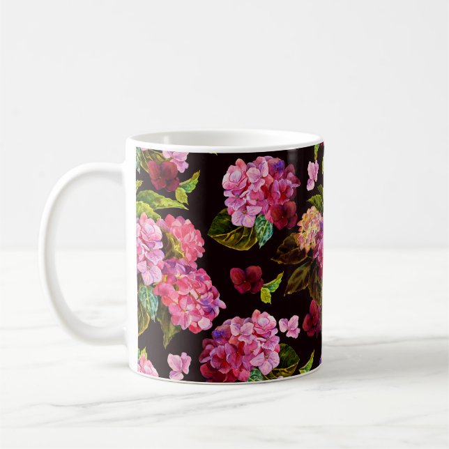 Nahtlose Blumenmuster. Hydrangea auf einem dunklen Kaffeetasse (Links)