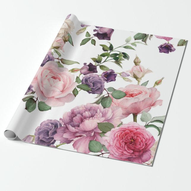 Nahtlose Blumenmuster mit Rose, Aquarell. Geschenkpapier (Ungerollt)
