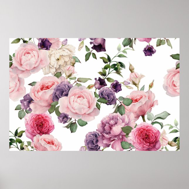 Nahtlose Blumenmuster mit Rose, Aquarell. Poster (Vorne)