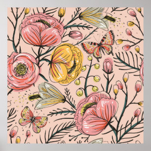 nahtlose Blumenmuster mit Vintagen Blume und Poster
