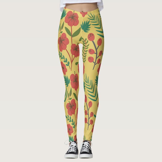 Nahtlose Blumenmuster, rot-gelb-grüne Blume Leggings (Vorderseite)