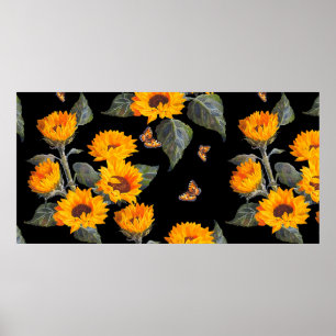 Nahtlose Blumenmuster Sonnenblumen auf schwarzem R Poster