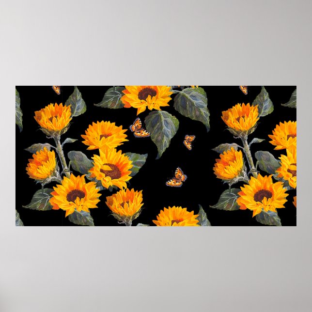 Nahtlose Blumenmuster Sonnenblumen auf schwarzem R Poster (Vorne)