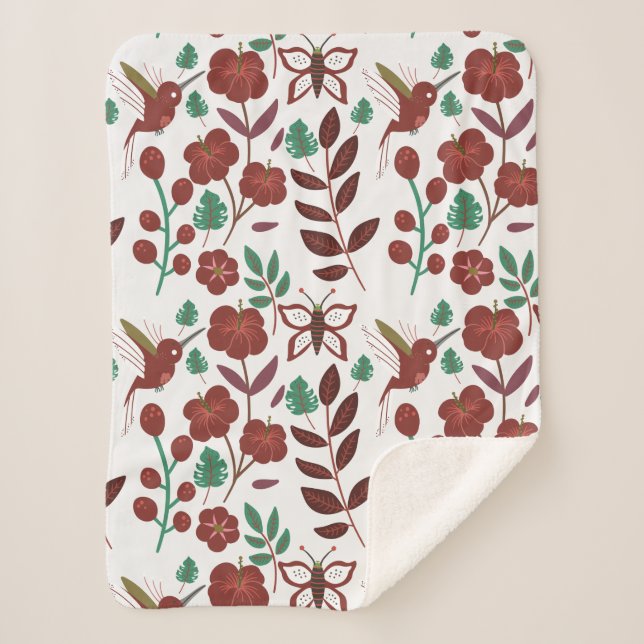 Nahtlose Blumenmuster, Vögel und Schmetterlinge Sherpadecke (Vorderseite)
