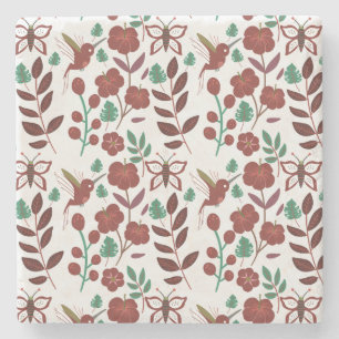 Nahtlose Blumenmuster, Vögel und Schmetterlinge Steinuntersetzer