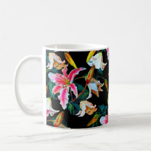 Nahtlose Blumenmuster. Weiße und rosa Lilie auf ei Kaffeetasse