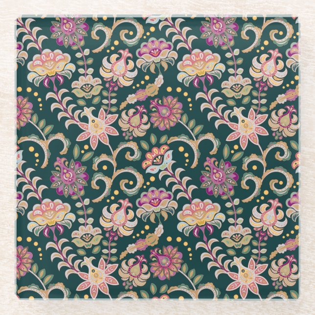 Nahtlose, blumenrosa dunkle Umgebung Glasuntersetzer (Vorderseite)