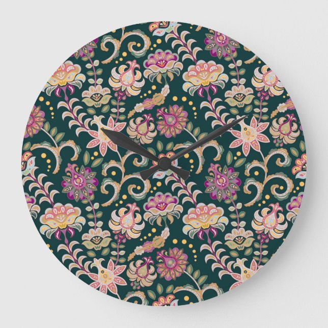 Nahtlose, blumenrosa dunkle Umgebung Große Wanduhr (Vorderseite)