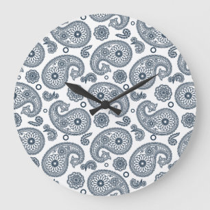 Nahtlose dunkelblaue Paisley-Muster in Weiß Große Wanduhr