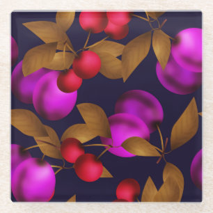 Nahtlose dunkle Pflaumenfrüchte violette Beeren Ki Glasuntersetzer