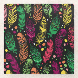 Nahtlose ethnische Federn, lebendiges Muster. Glasuntersetzer