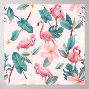 nahtlose Flamingos und tropische Blume Poster