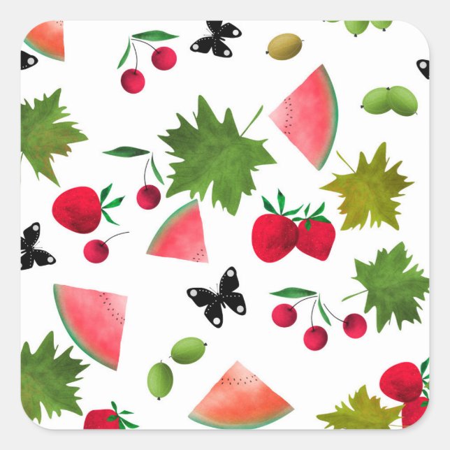 Nahtlose Frischobst Berries Wasserfarbener Cartoon Quadratischer Aufkleber (Vorderseite)
