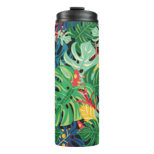 Nahtlose Grafik mit Blätter monstera und  Thermosbecher